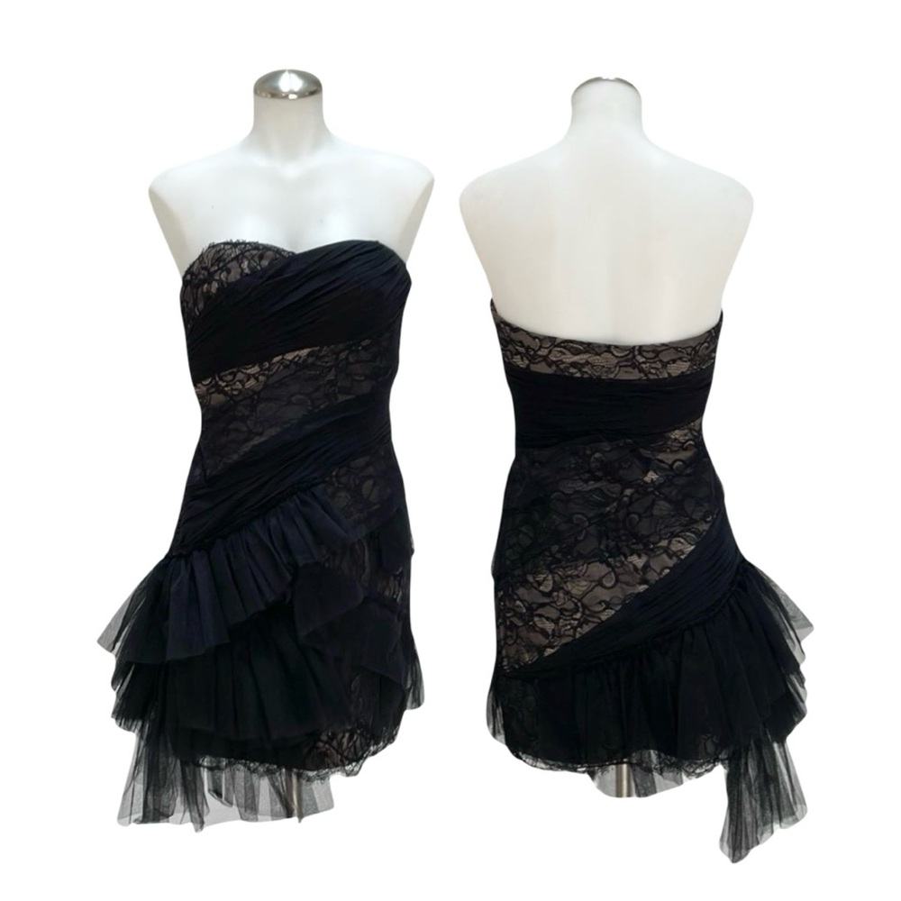 BCBGMAXAZRIA Runway Black Lace Chiffon Ruffle One Shoulder Dress Sz 6 - Picture 3 of 9